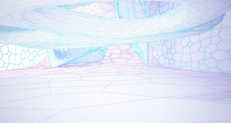 Abstract drawing white parametric interior multilevel public space with window. 3D illustration and rendering.