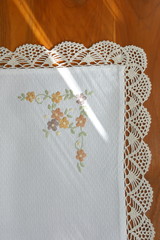 tablecloth napery with flower pattern on table breakfast