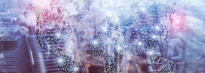 Naklejka na ściany i meble Global World Map Double Exposure Network. Telecommunication, International business Internet and technology concept.