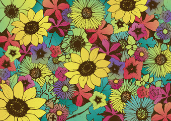 レトロ調 夏のフレーム 向日葵 手書きの花柄 背景素材 和柄