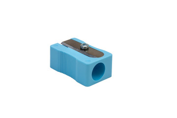 Close up blue pencil sharpener isolated on white background.
