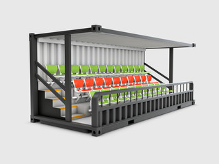 3d Illustration of Converted old shipping container into grandstand, isolated gray
