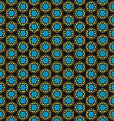 hexagon colorful glowing hearts repeat pattern on the black background