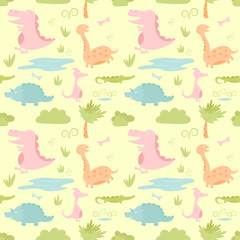 Dinosaurs cute cartoon design seamless pattern. Vector illustration wallpaper and background.