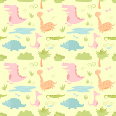 Dinosaurs cute cartoon design seamless pattern. Vector illustration wallpaper and background.