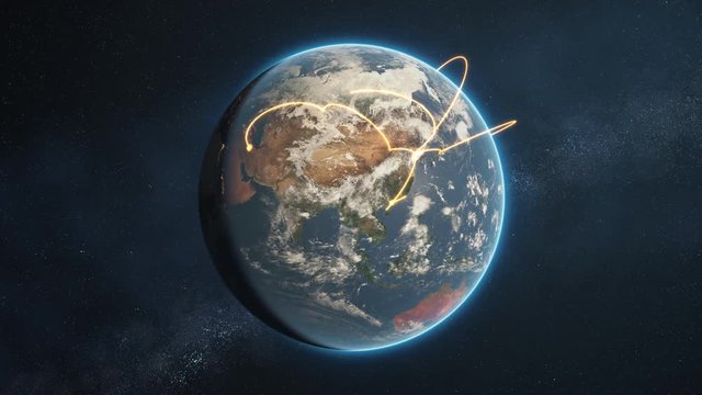 3d animation of a growing network across a realistic earth. Seamless loop. Abstract global business network concept. Orange day version. Elements of this image furnished by NASA