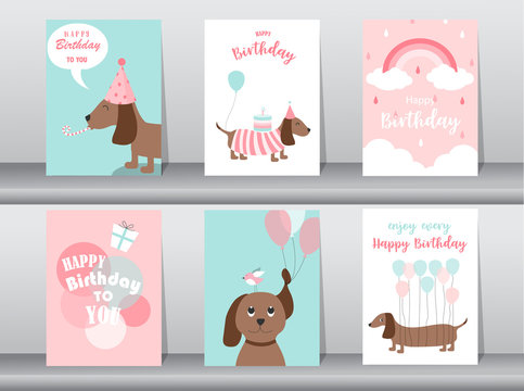 Set of birthday cards,poster,invitation,template,greeting cards,animals,dog,puppy,cute,Vector illustrations