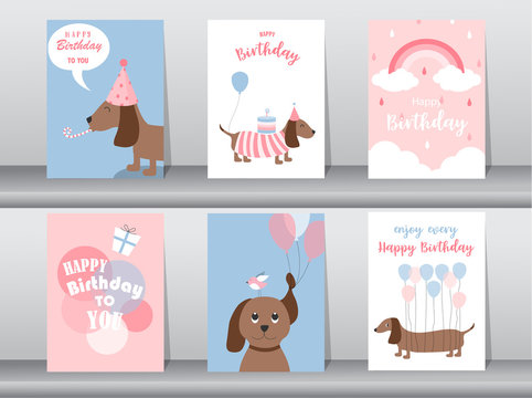 Set of birthday cards,poster,invitation,template,greeting cards,animals,dog,puppy,cute,Vector illustrations