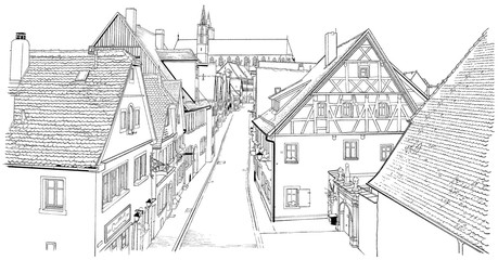 漫画風ペン画イラスト　西洋風街並