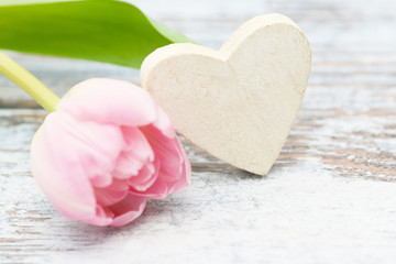 Fototapeta na wymiar white Heart with pink flowering tulips on wood