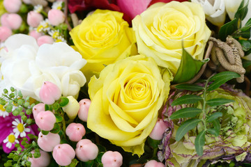 bouquet with roses and many colorful flowers