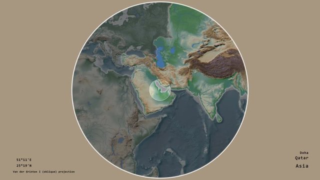Qatar and its capital circled and zoomed on the global physical map in the van der Grinten I projection with animated oblique transformation. Animation 3D