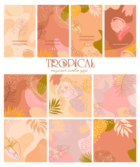 Fototapeta na wymiar Set of abstract background with tropical elements, shapes and girl portrait in one line style. Background for mobile app page minimalistic style. Vector illustration