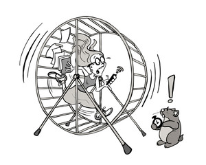 Young woman running in a hamster wheel - Denisse BW