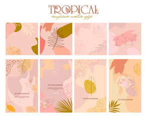 Set of abstract background with tropical elements, shapes and girl portrait in one line style. Background for mobile app page minimalistic style. Vector illustration