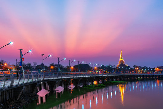 nice sky with birdge and nongwang temple on kaennakorn lake