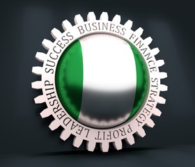 Cog wheel with Nigeria flag. Precision machinery relative backdrop. 3D rendering