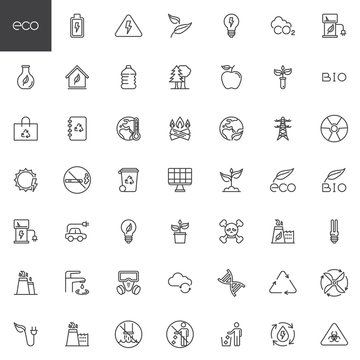Ecology line icons set. linear style symbols collection, outline signs pack. vector graphics. Set includes icons as eco waste, environmental pollution, water recycle, global warming, solar energy 