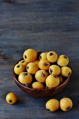 loquat japanese on a blue background. copy space.