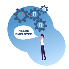 search and hire a new employee, coordinated work gears in the mechanism, office workers are looking for a new worker, vector image, flat design, colorful and simple characters