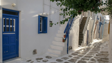 house steps in the village of chora on mykonos, greece