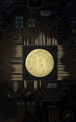 Bitcoin on motherboard,3d rendering,conceptual image.