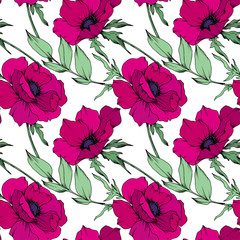 Anemone floral botanical flowers. Black and white engraved ink art. Seamless background pattern.
