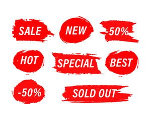 Red Blots stains of new tag label. Sale price promotion disctount sticker banner watercolor paint handdrawn style.