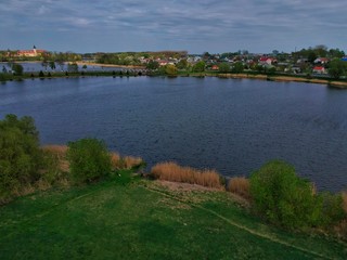 Obraz na płótnie Canvas Aerial view of the pond in Nesvizh Park, Minsk Region, Belarus
