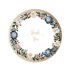 Blue luxury floral greeting card with white, green and purple flowers on white background and wooden circle frame.