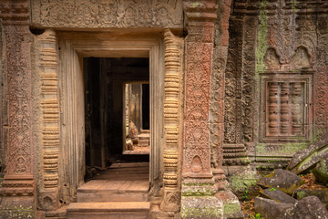 Fototapeta na wymiar Colorful Facade of the Ta Prohm Temple, Angkor, Cambodia