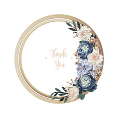 Blue luxury floral greeting card with white, green and purple flowers on white background and wooden circle frame.