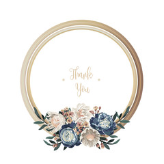 Blue luxury floral greeting card with white, green and purple flowers on white background and wooden circle frame.