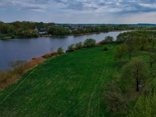 Fototapeta premium Aerial view of the pond in Nesvizh Park, Minsk Region, Belarus