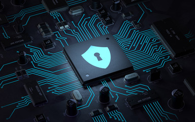 circuit board and shield icon,Hardware security, computer data protection and electronic technology concept,