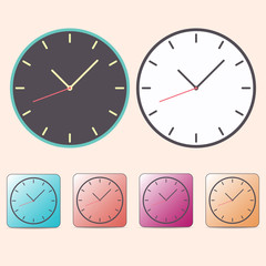 Flat watch clocks  with arow icons set from warm color isolated on background. EPS 10 vector illustration