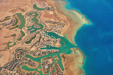 Aerial view of El Gouna a luxury Egyptian tourist resort located on the Red Sea 20 kilometres north of Hurghada. - obrazy, fototapety, plakaty