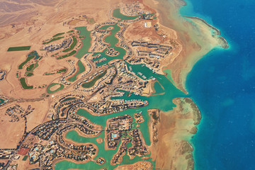 Aerial view of El Gouna a luxury Egyptian tourist resort located on the Red Sea 20 kilometres north of Hurghada. - obrazy, fototapety, plakaty