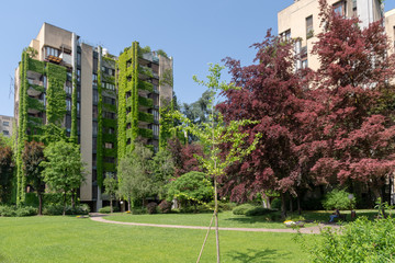 Fototapeta na wymiar Apartment building with a large courtyard around the green