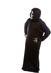 Person dressed in grim reaper or death ghost Halloween costume looking confused or undecided