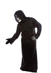 Person dressed in grim reaper or death ghost Halloween costume looking confused or undecided