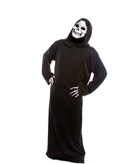 Person dressed in grim reaper or death ghost Halloween costume looking confused or undecided