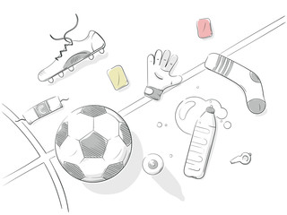 Hand-drawn Football / Soccer background with sport equipment.