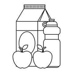 milk box with apples and water