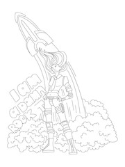 Cute hand draw coloring page with brave astronaut, cosmonaut or engeneer girl with launching rocket. Feminist zen art vector illustration for colouring pages with words I Am Rocket