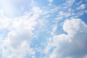 White cumulus clouds on a bright blue sky. Sunny day, a bit cloudy. Meteorology concept. Selective focus, background image, place for text.