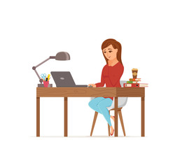 Woman working on computer colorful vector concept. Cartoon flat style
