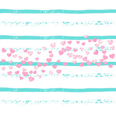 Fototapeta na wymiar Pink glitter confetti with hearts on turquoise stripes. Shiny random falling sequins with sparkles. Design with pink glitter confetti for party invitation, event banner, flyer, birthday card.