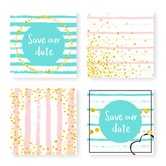 Wedding glitter confetti on stripes. Invitation set. Gold hearts and dots on pink and mint background. Template with wedding glitter for party, event, bridal shower, save the date card.