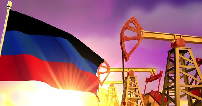 Donetsk Peoples Republic flag waving on background of oil wells pumping oil on sunset. Oil industry concept, 4K 3d animation